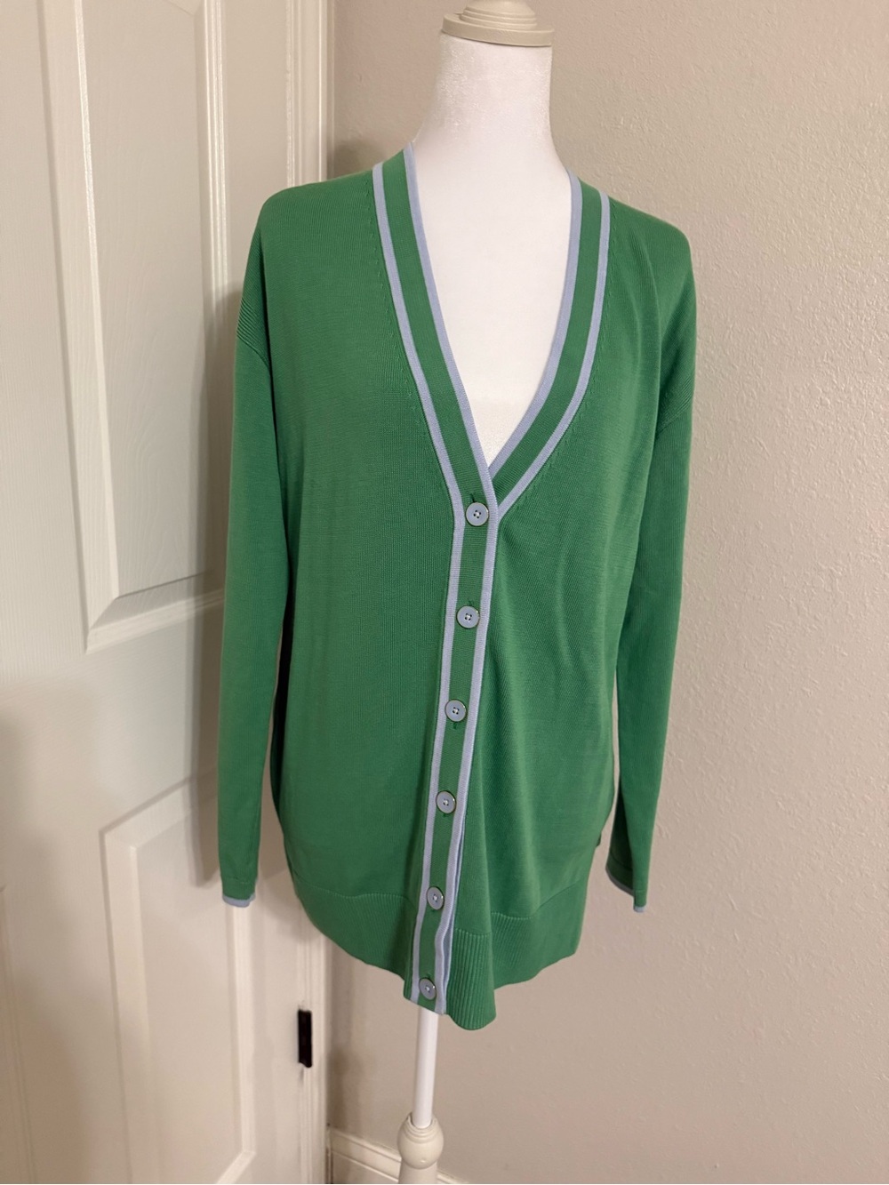 Talbots Green V-Neck Button Cardigan with Blue Trim